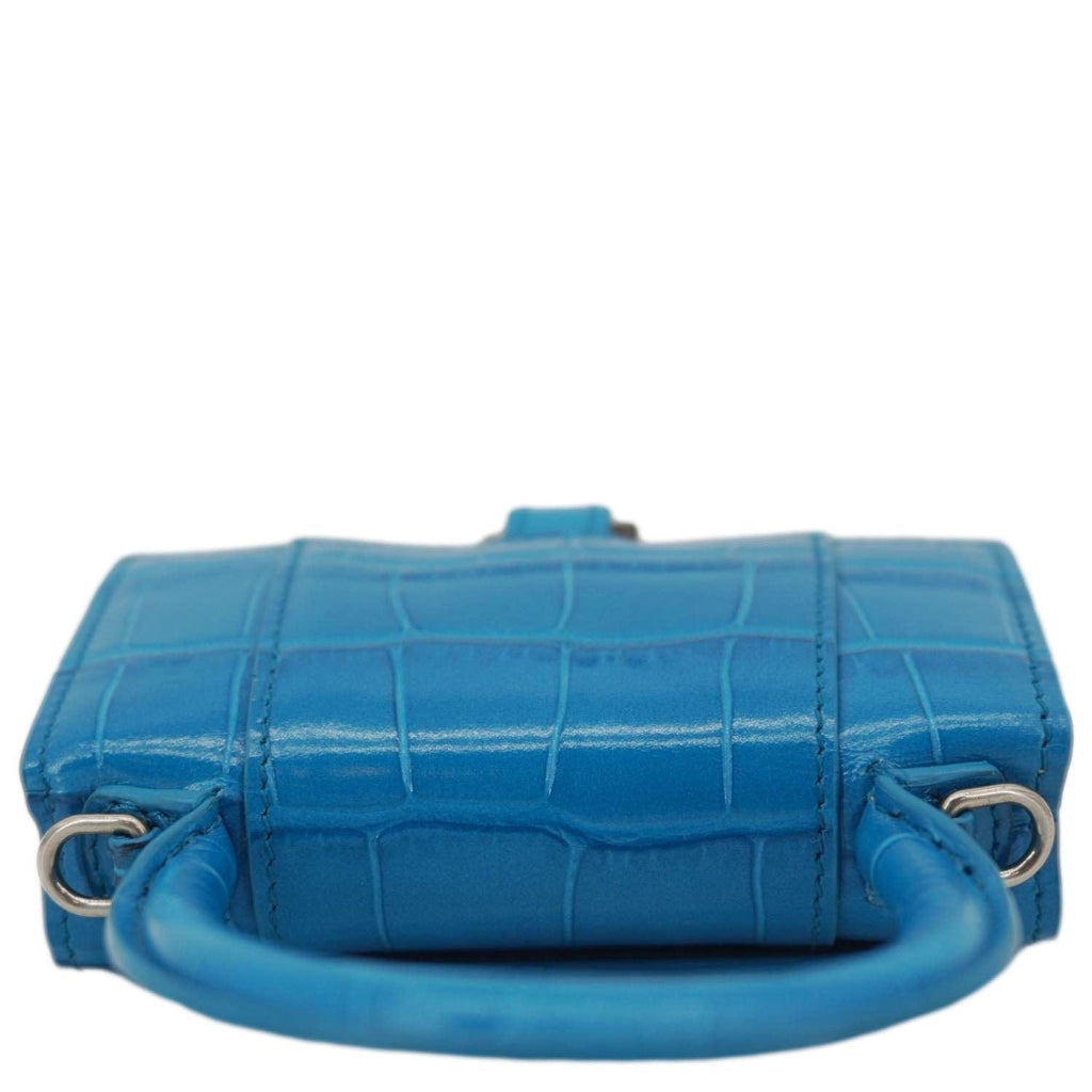 BALENCIAGA Hourglass Crocodile Embossed Top Handle Shoulder Bag Blue