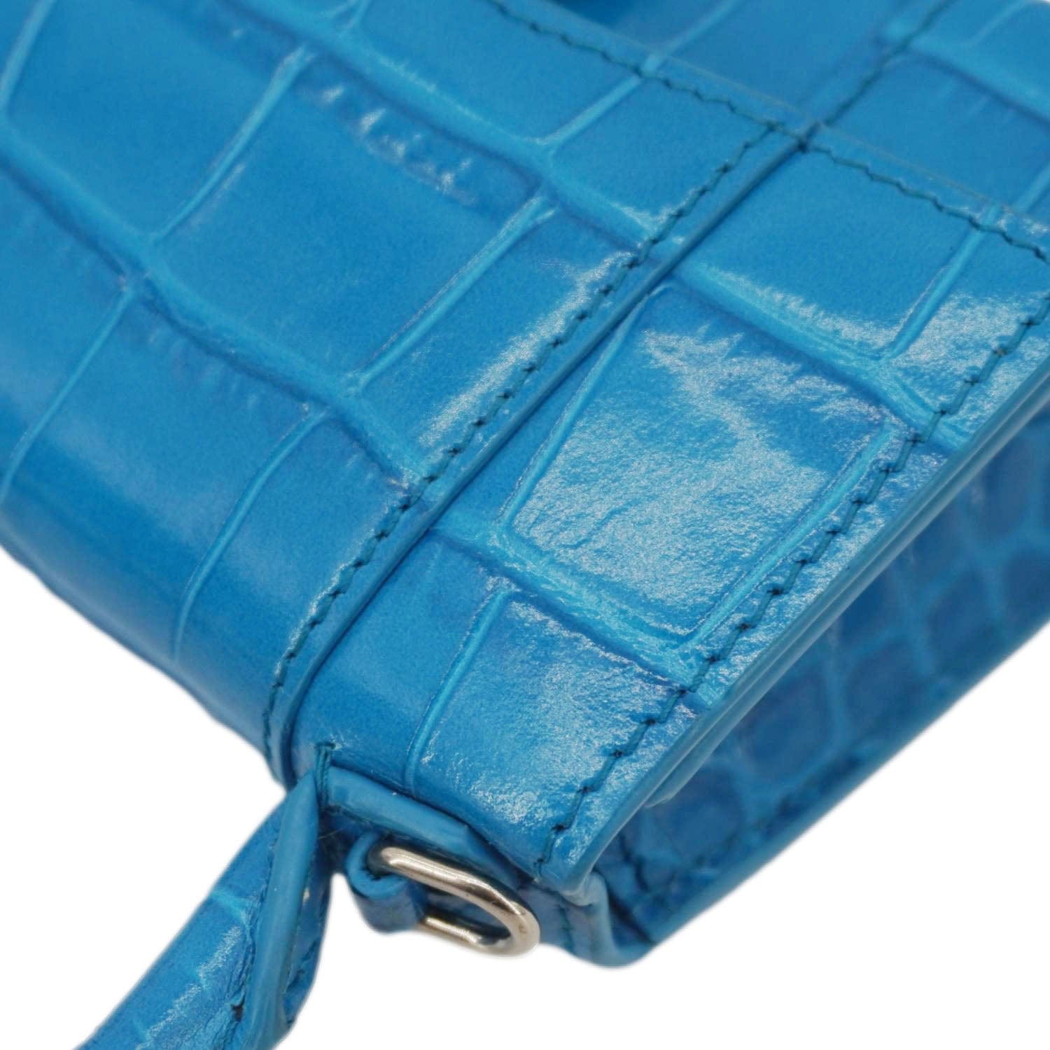 BALENCIAGA Hourglass Crocodile Embossed Top Handle Shoulder Bag Blue