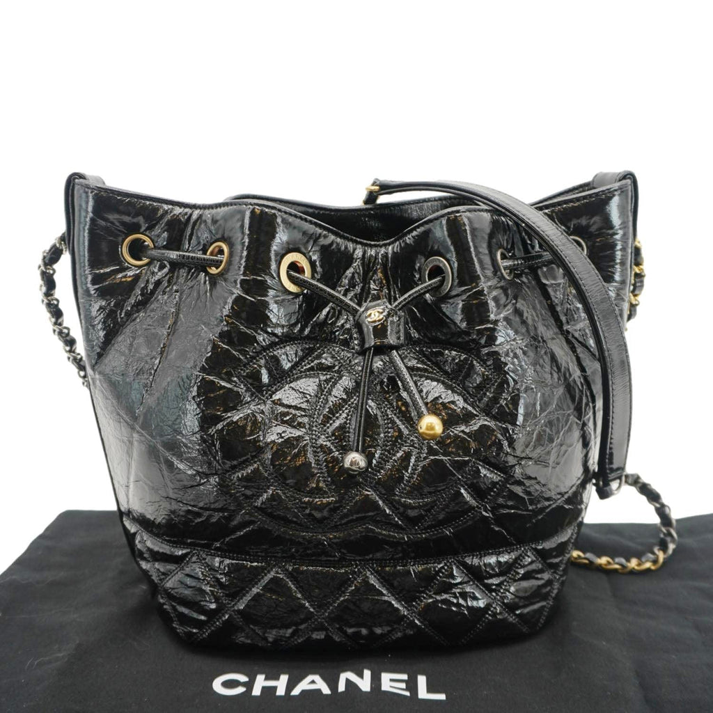 Chanel CC Drawstring Shiny Aged Calfskin Chain Shoulder Bag Black