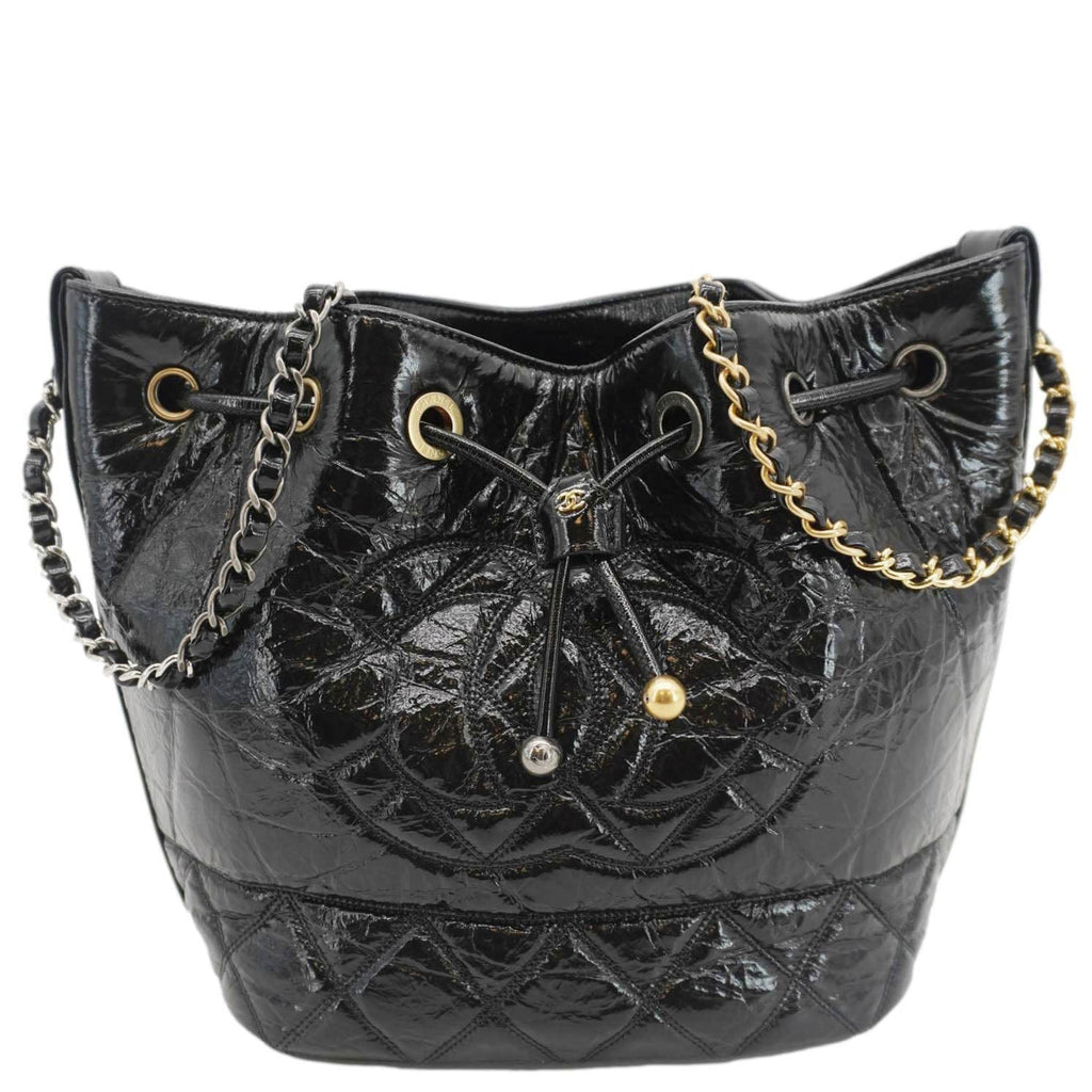 Chanel CC Drawstring Shiny Aged Calfskin Chain Shoulder Bag Black