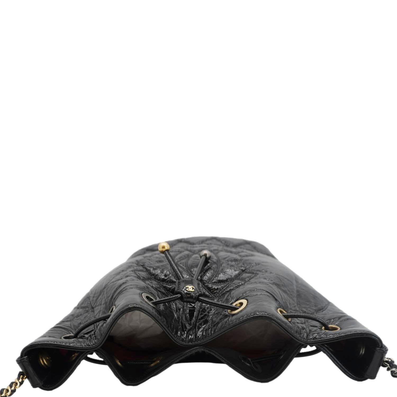 Chanel CC Drawstring Shiny Aged Calfskin Chain Shoulder Bag Black