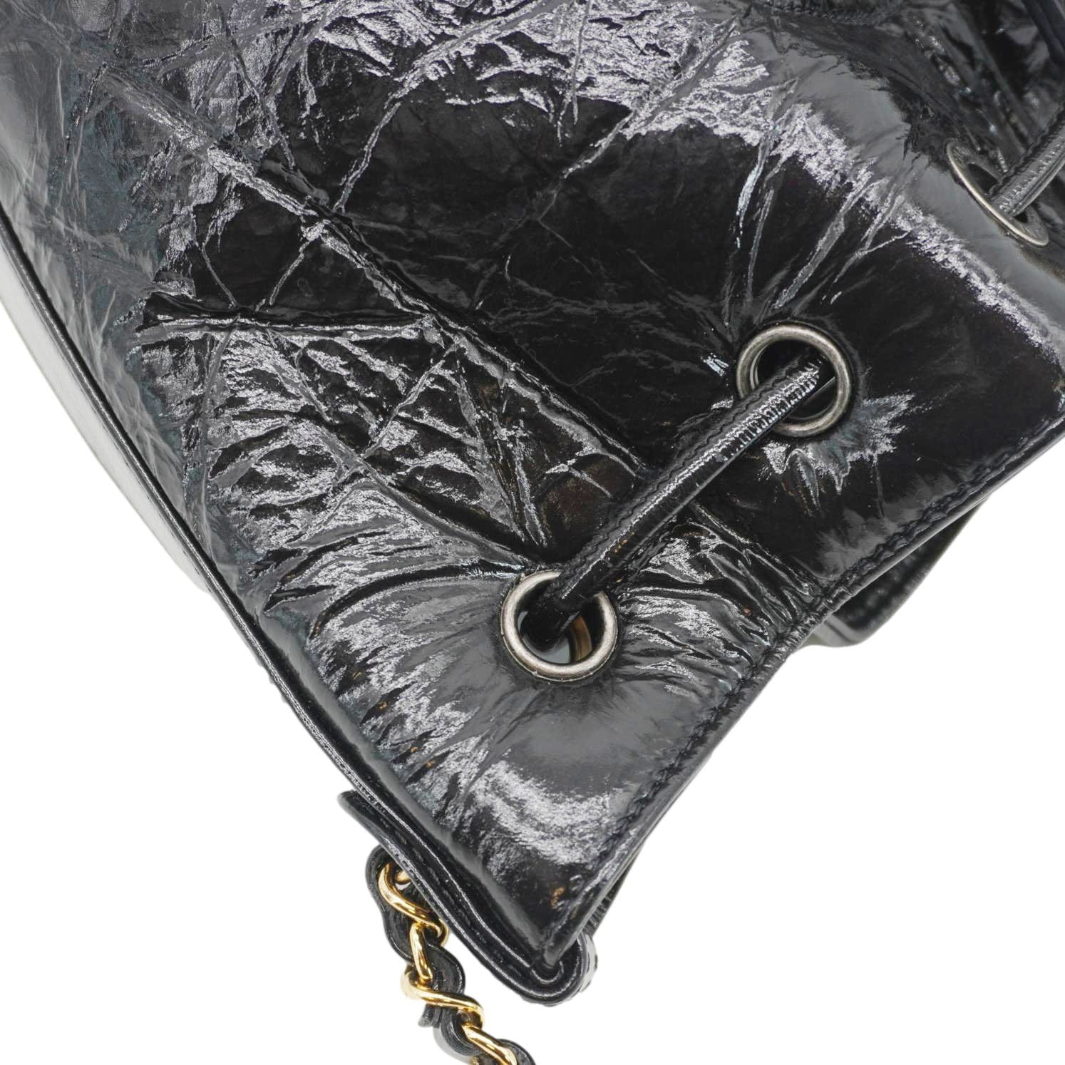 Chanel CC Drawstring Shiny Aged Calfskin Chain Shoulder Bag Black