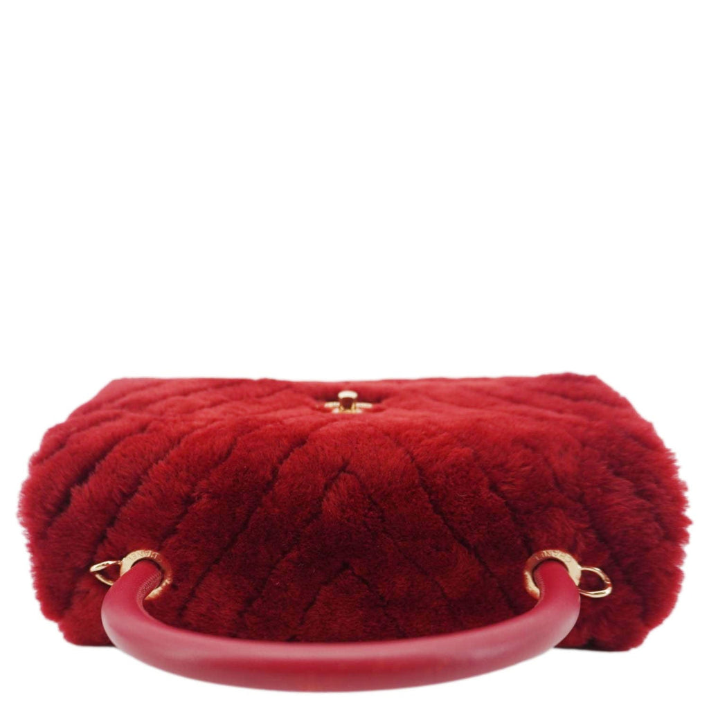 Chanel Coco Handle Flap Shearling Chevron Shoulder Bag Red