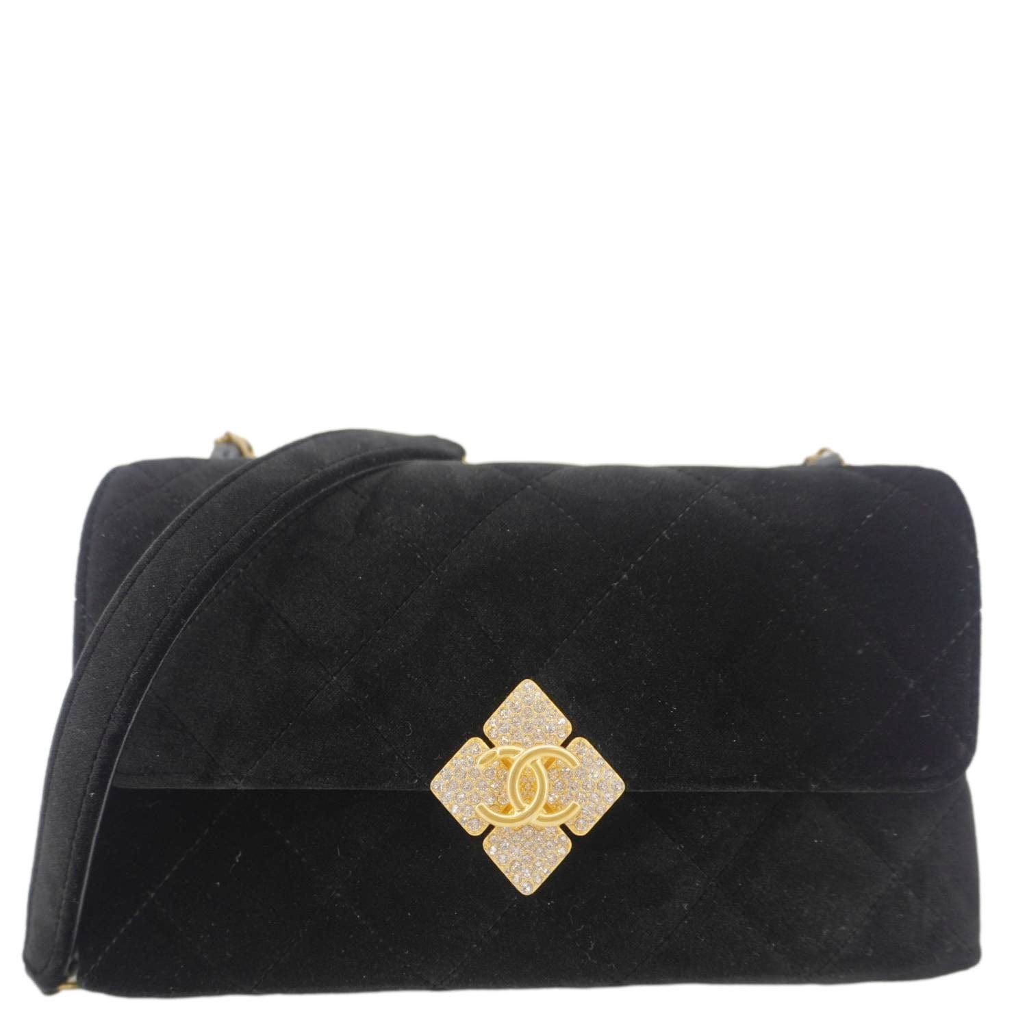 Chanel Strass Diamond Lock Flap Velvet Shoulder Bag Black