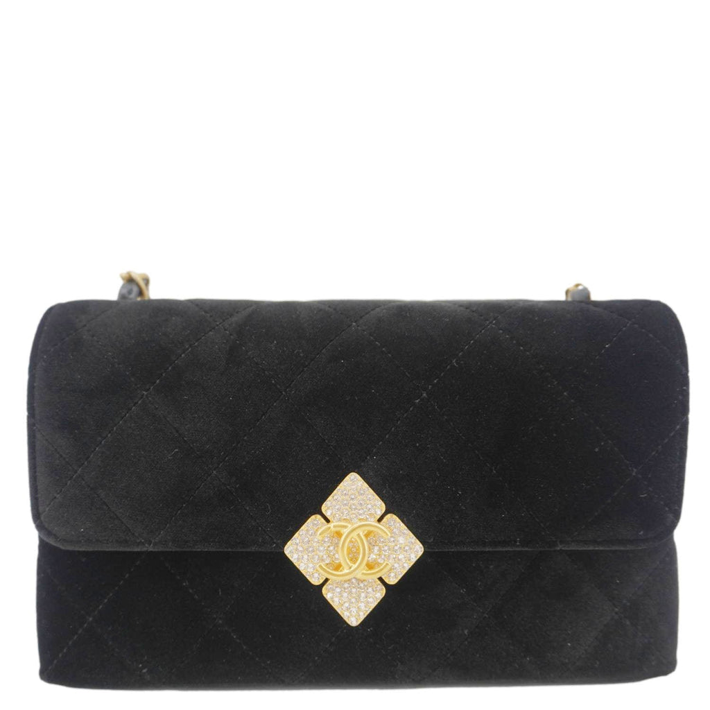 Chanel Strass Diamond Lock Flap Velvet Shoulder Bag Black
