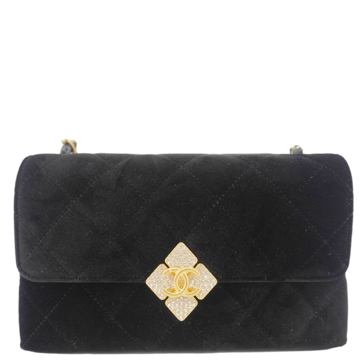 Chanel Strass Diamond Lock Flap Velvet Shoulder Bag Black