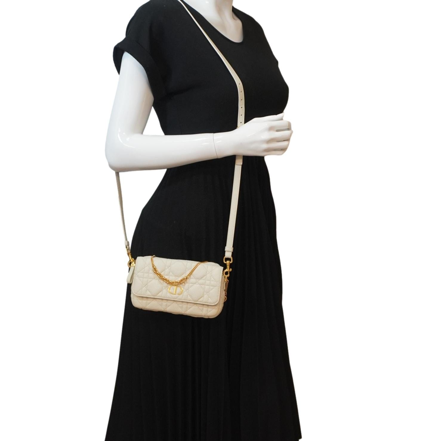 CHRISTIAN DIOR Caro Supple Cannage Calfskin Leather Chain Shoulder Bag Ivory
