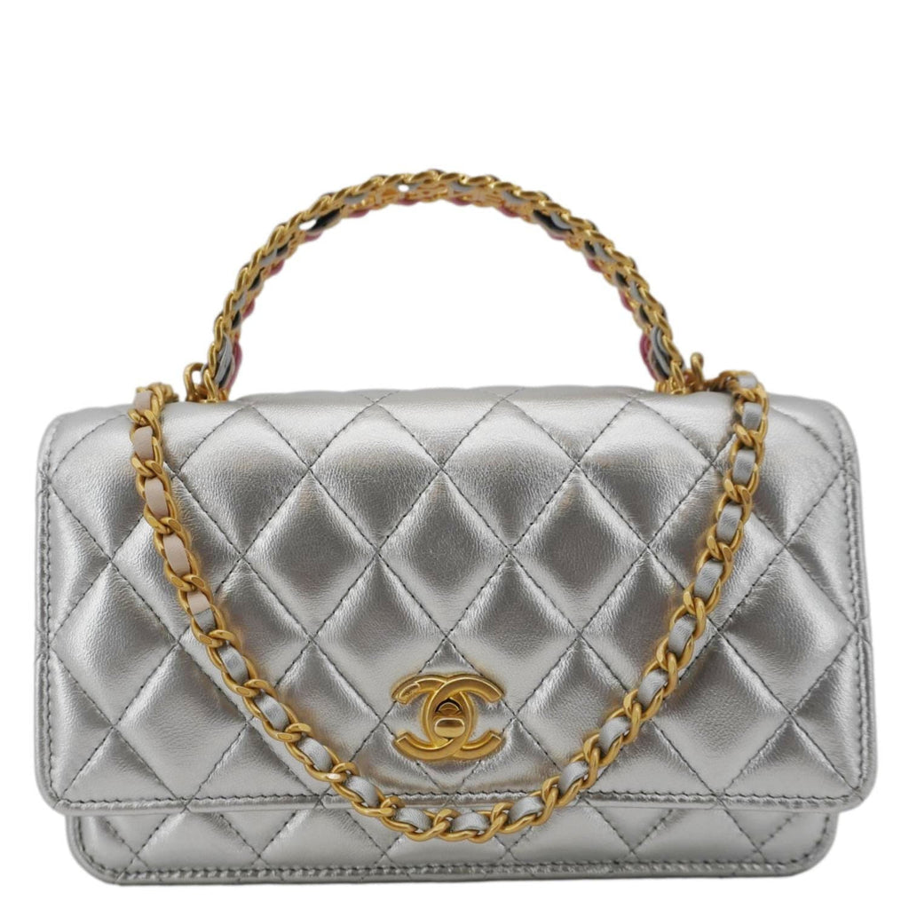 Chanel Rainbow Woven WOC Calfskin Leather Top Handle Bag Metallic Silver