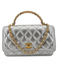 Chanel Rainbow Woven WOC Calfskin Leather Top Handle Bag Metallic Silver