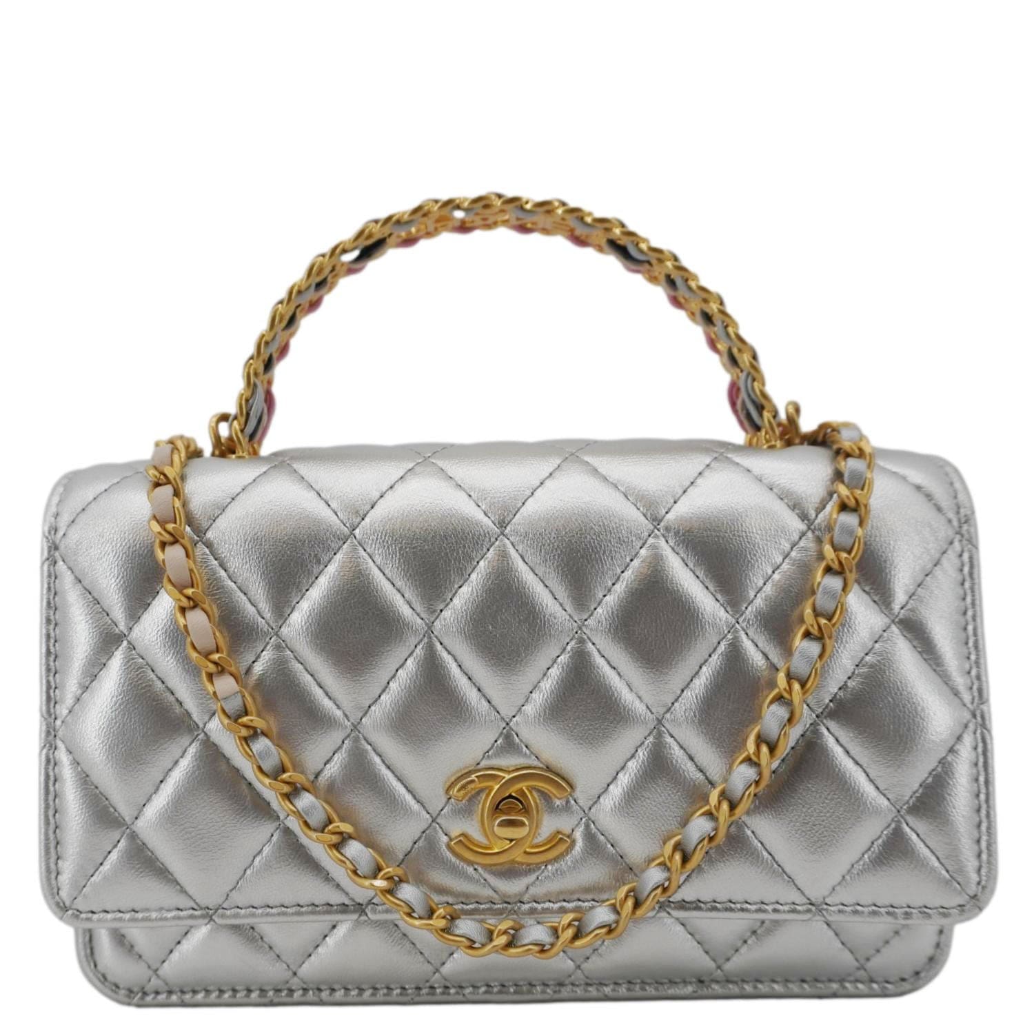 Chanel Rainbow Woven WOC Calfskin Leather Top Handle Bag Metallic Silver