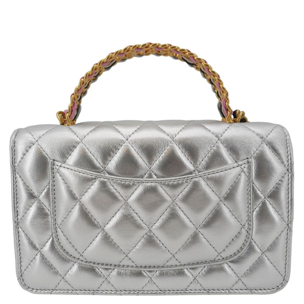 Chanel Rainbow Woven WOC Calfskin Leather Top Handle Bag Metallic Silver