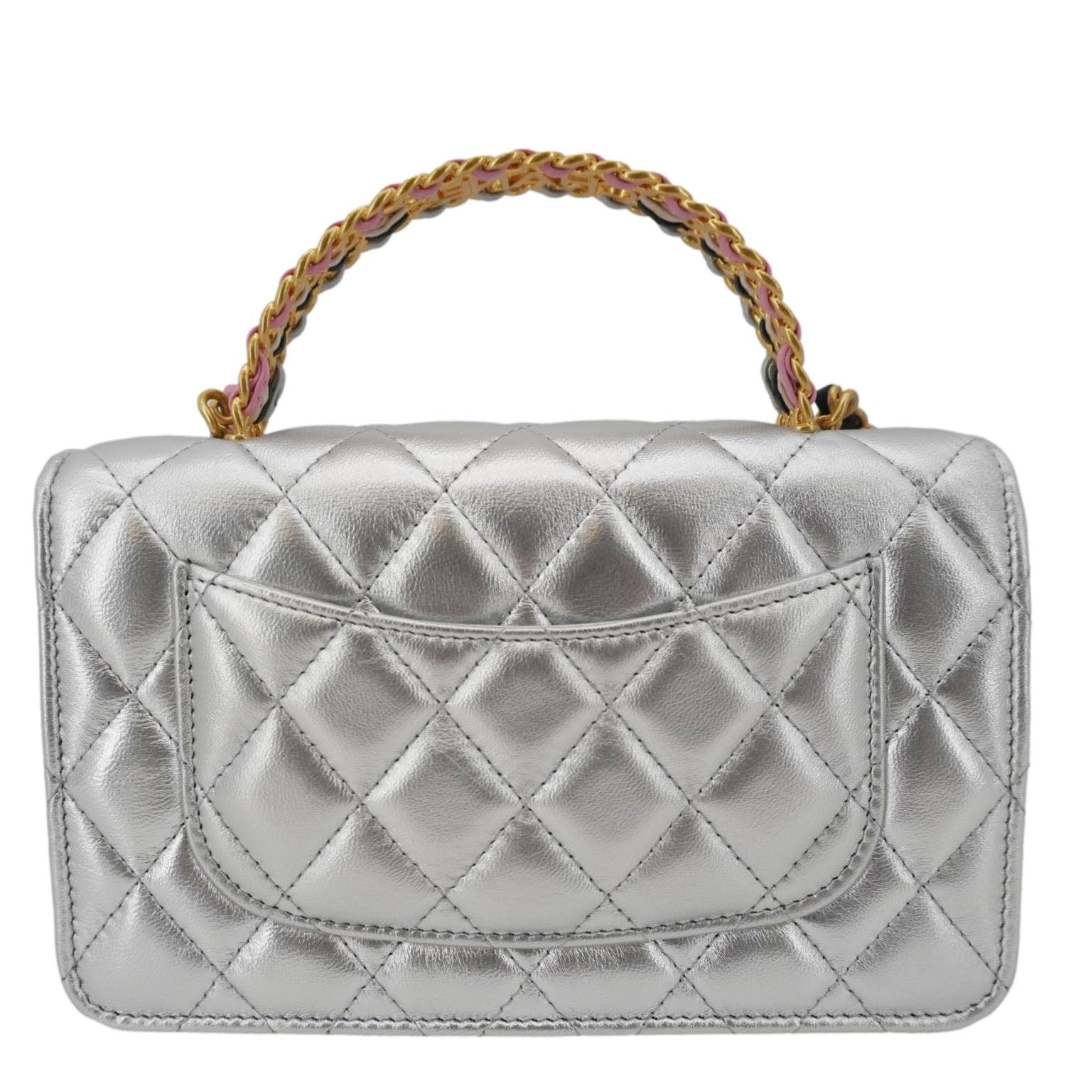 Chanel Rainbow Woven WOC Calfskin Leather Top Handle Bag Metallic Silver