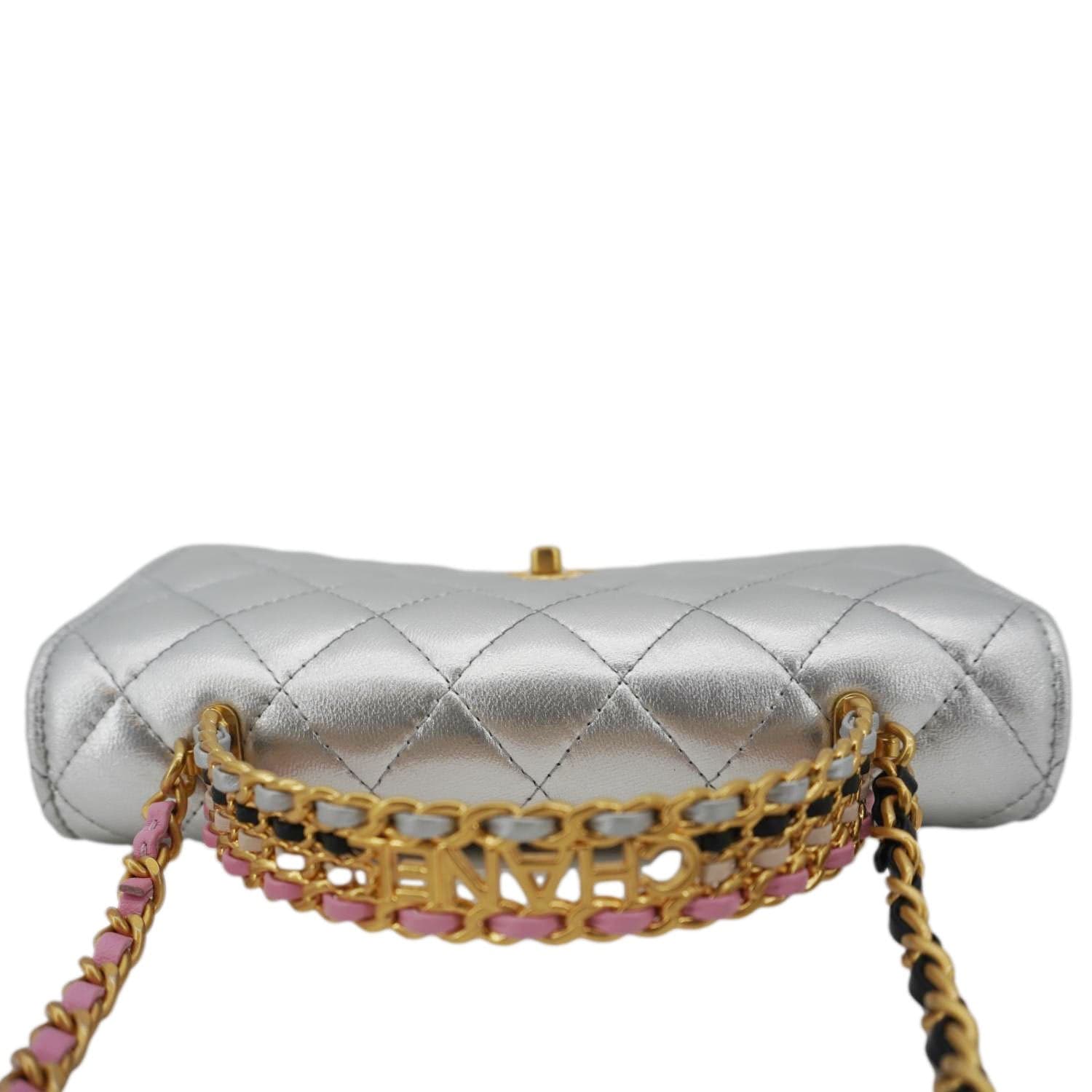 Chanel Rainbow Woven WOC Calfskin Leather Top Handle Bag Metallic Silver