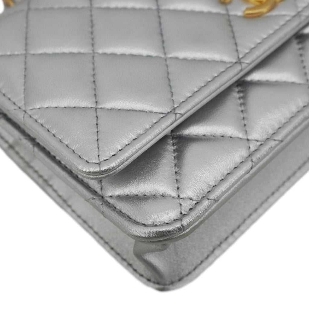 Chanel Rainbow Woven WOC Calfskin Leather Top Handle Bag Metallic Silver