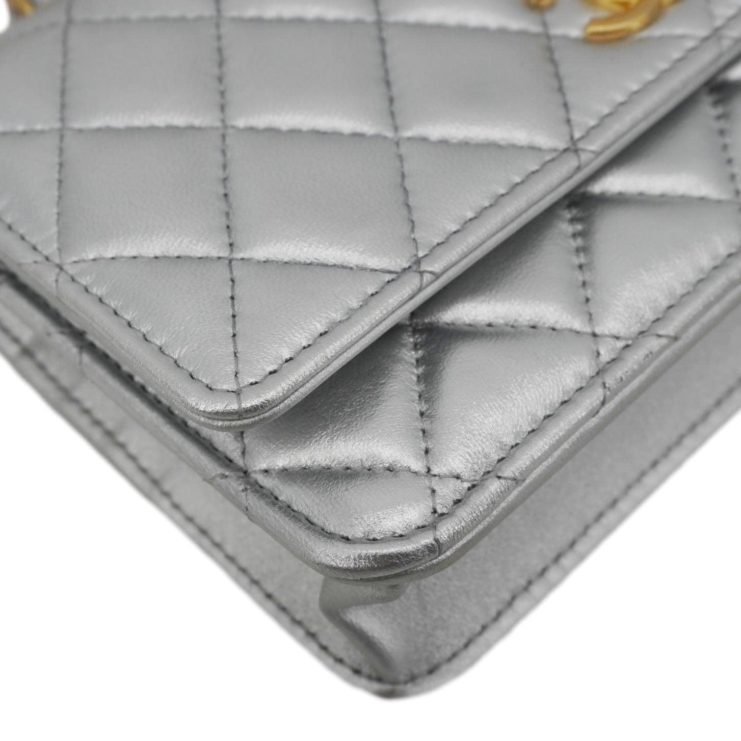 Chanel Rainbow Woven WOC Calfskin Leather Top Handle Bag Metallic Silver