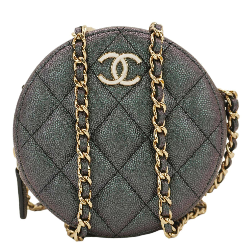 Chanel Round Quilted Iridescent Caviar Leather Clutch Crossbody Bag Green