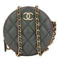 Chanel Round Quilted Iridescent Caviar Leather Clutch Crossbody Bag Green