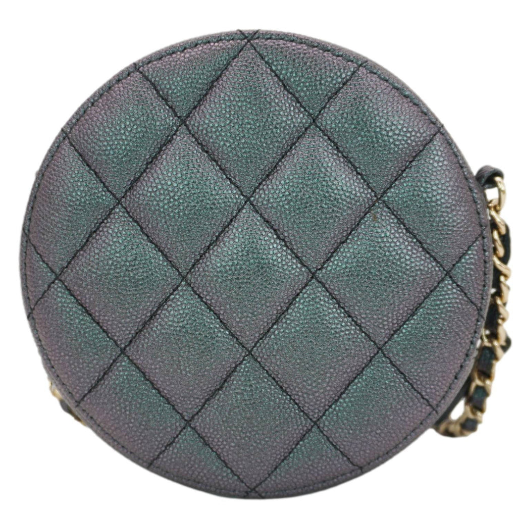Chanel Round Quilted Iridescent Caviar Leather Clutch Crossbody Bag Green