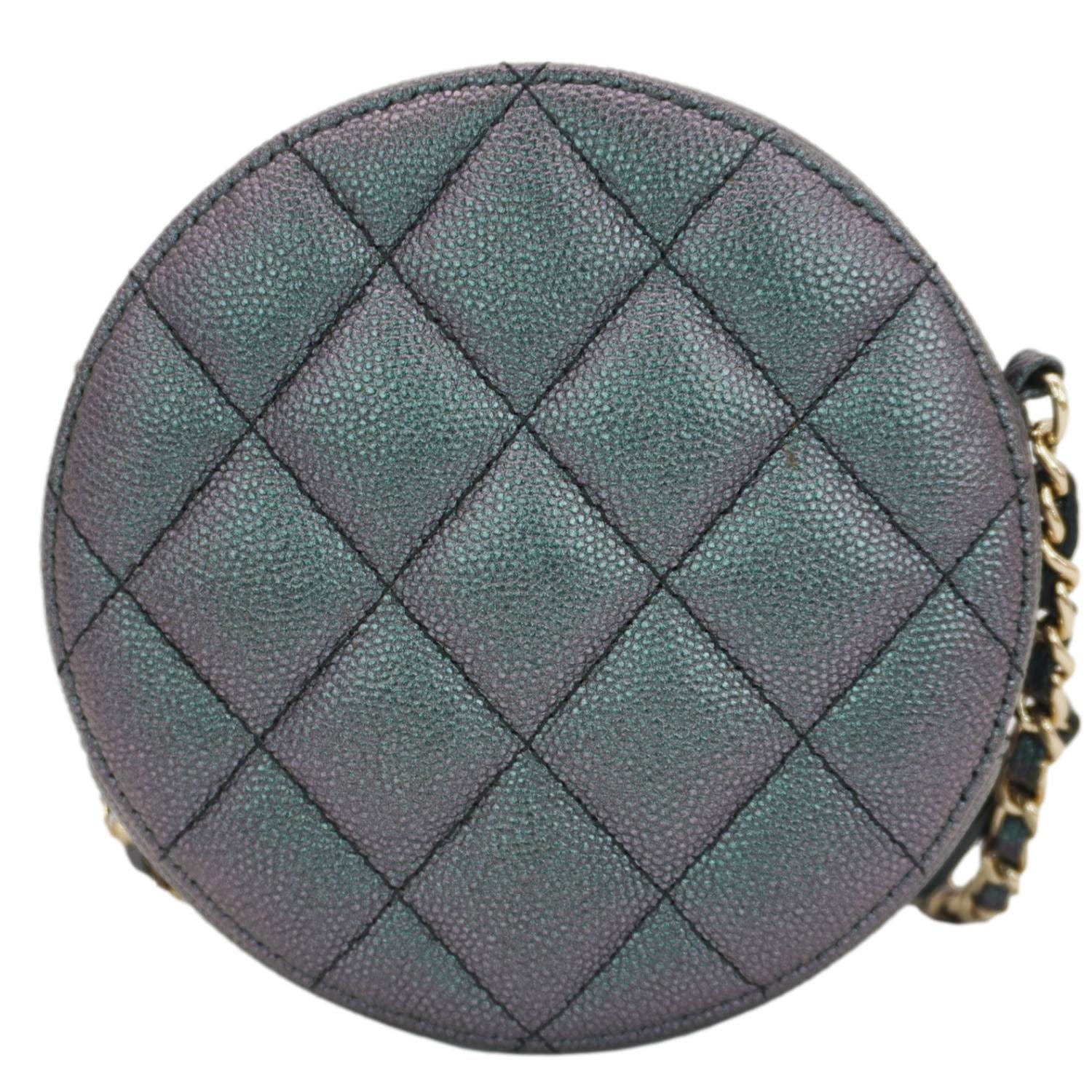Chanel Round Quilted Iridescent Caviar Leather Clutch Crossbody Bag Green