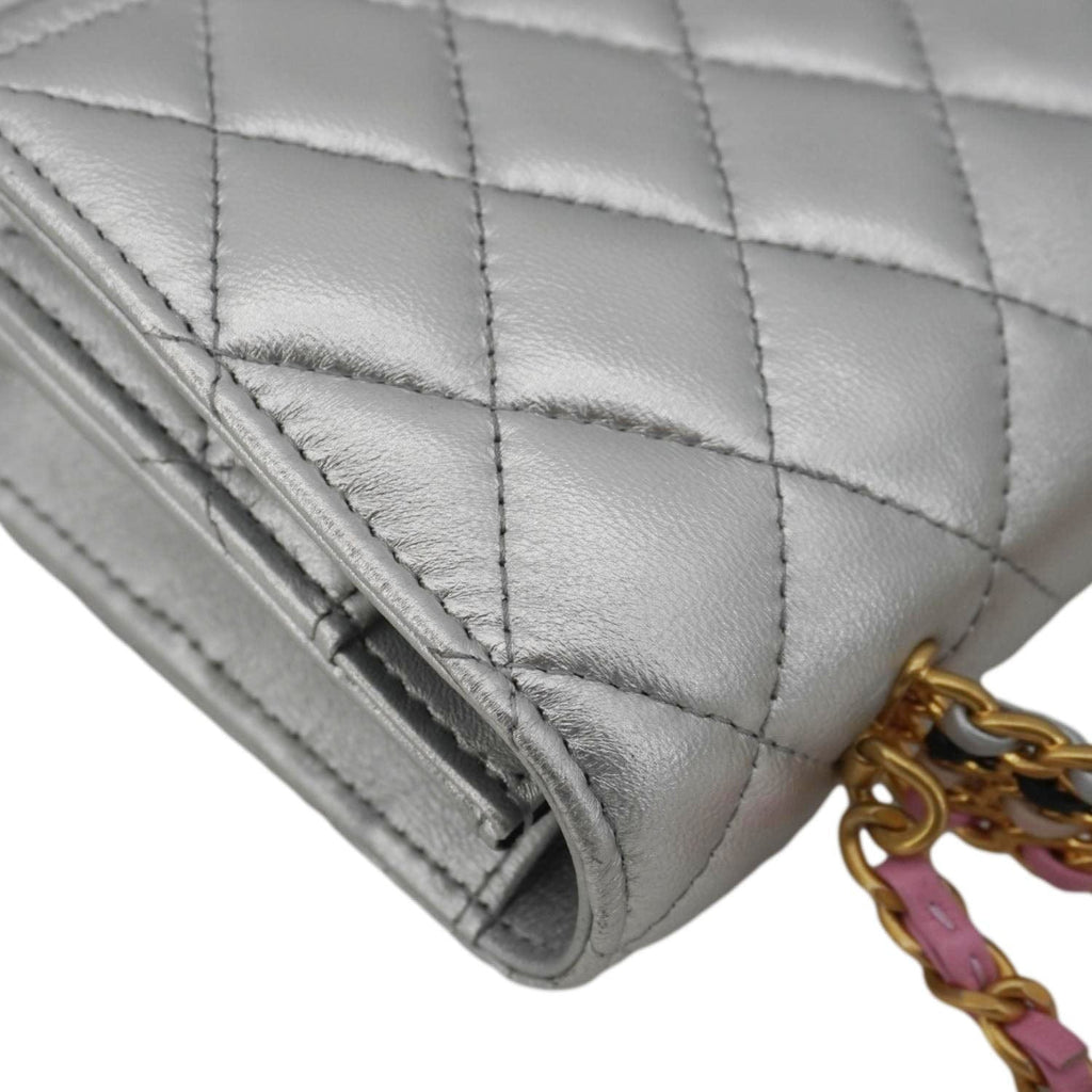 Chanel Rainbow Woven WOC Calfskin Leather Top Handle Bag Metallic Silver
