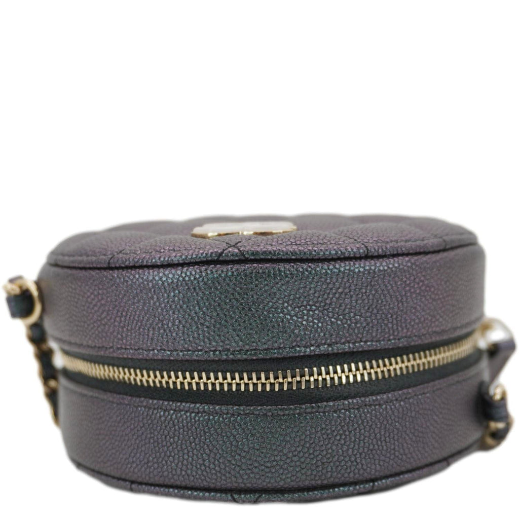 Chanel Round Quilted Iridescent Caviar Leather Clutch Crossbody Bag Green