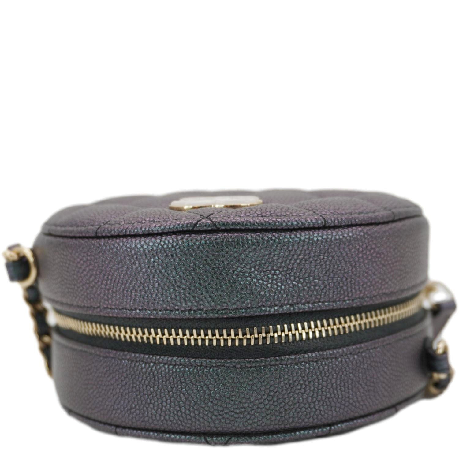 Chanel Round Quilted Iridescent Caviar Leather Clutch Crossbody Bag Green