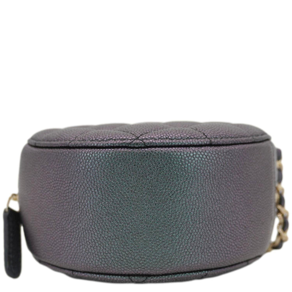 Chanel Round Quilted Iridescent Caviar Leather Clutch Crossbody Bag Green
