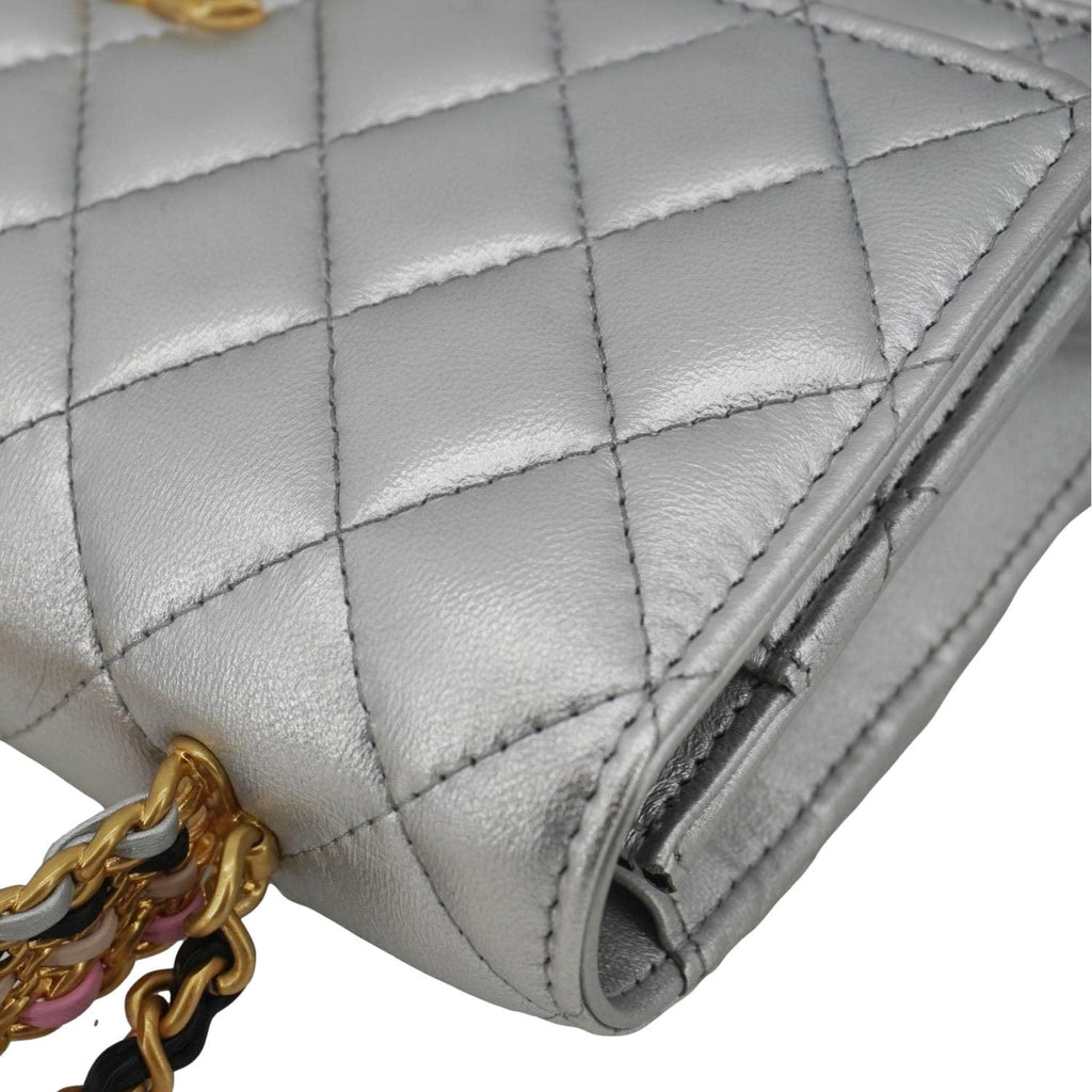 Chanel Rainbow Woven WOC Calfskin Leather Top Handle Bag Metallic Silver
