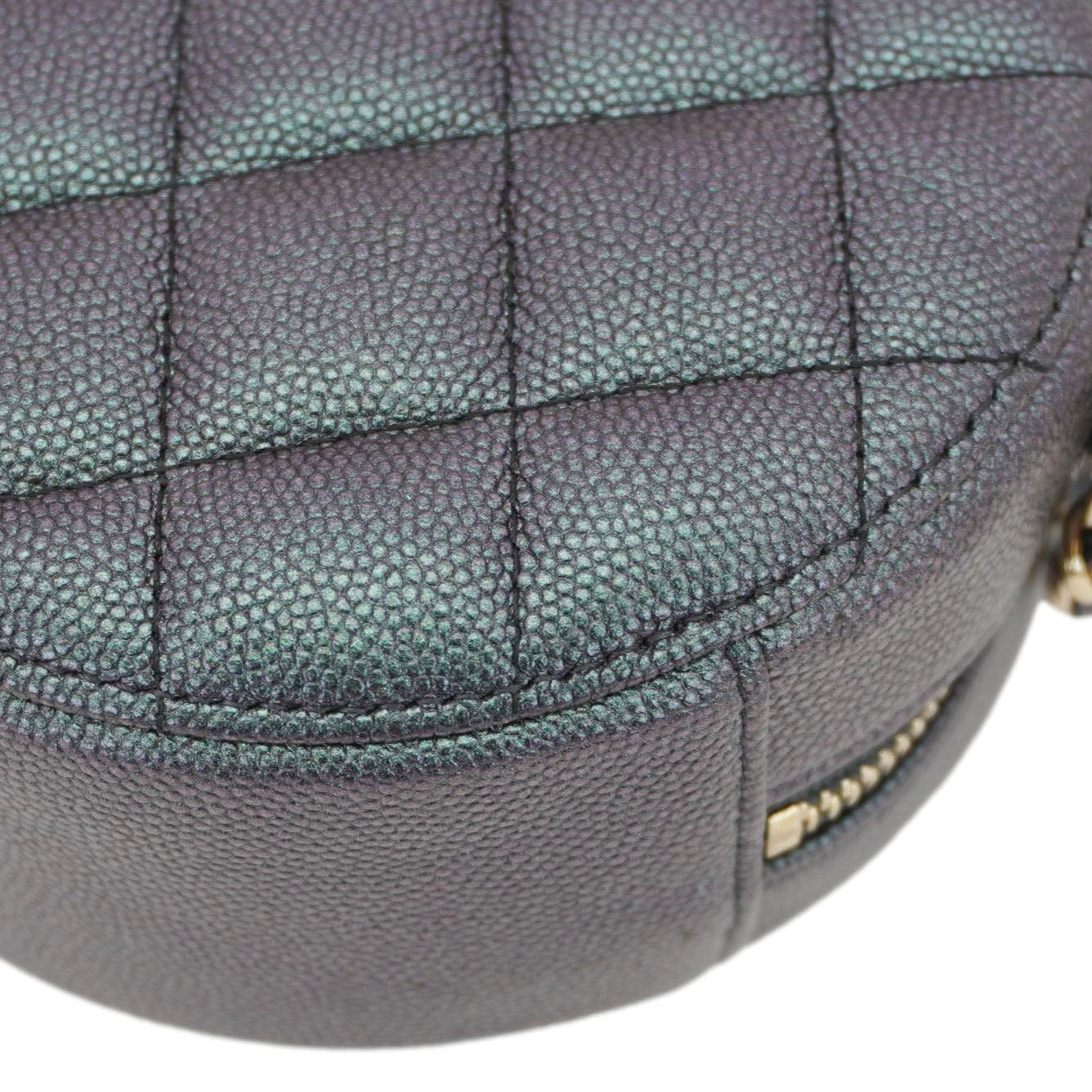 Chanel Round Quilted Iridescent Caviar Leather Clutch Crossbody Bag Green