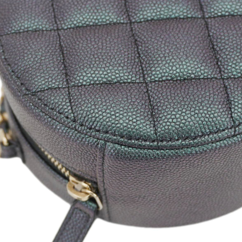 Chanel Round Quilted Iridescent Caviar Leather Clutch Crossbody Bag Green