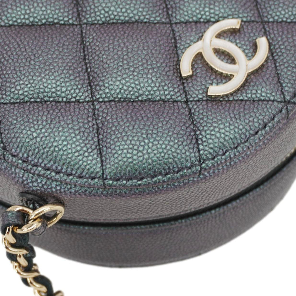 Chanel Round Quilted Iridescent Caviar Leather Clutch Crossbody Bag Green