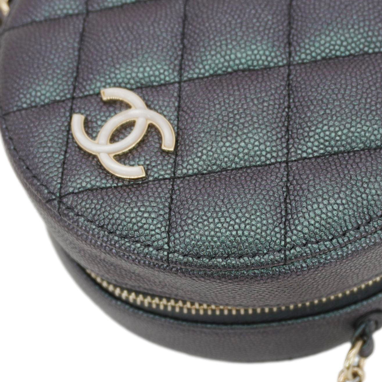 Chanel Round Quilted Iridescent Caviar Leather Clutch Crossbody Bag Green