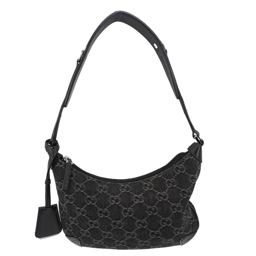 GUCCI Horsebit Slim Small Gucci Monogram Denim Hobo Shoulder Bag Black 774719