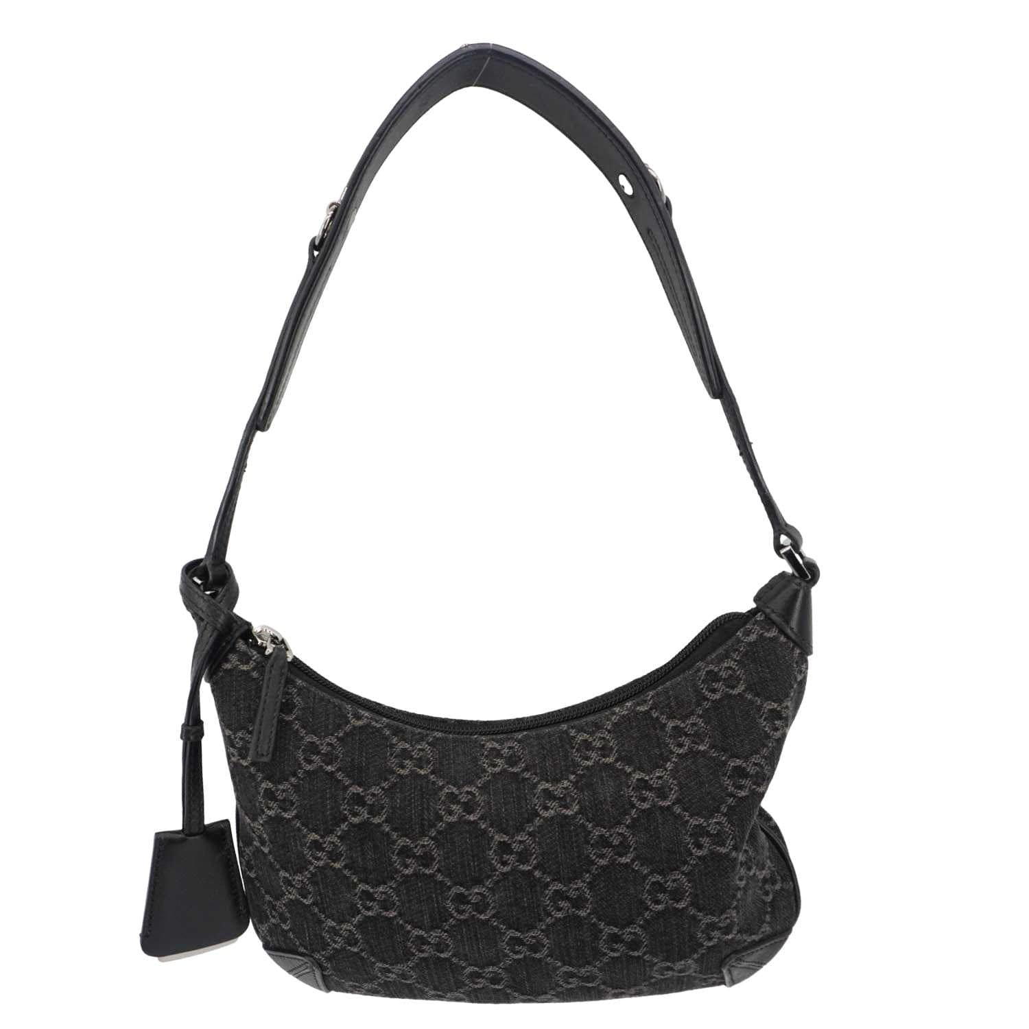 GUCCI Horsebit Slim Small Gucci Monogram Denim Hobo Shoulder Bag Black 774719