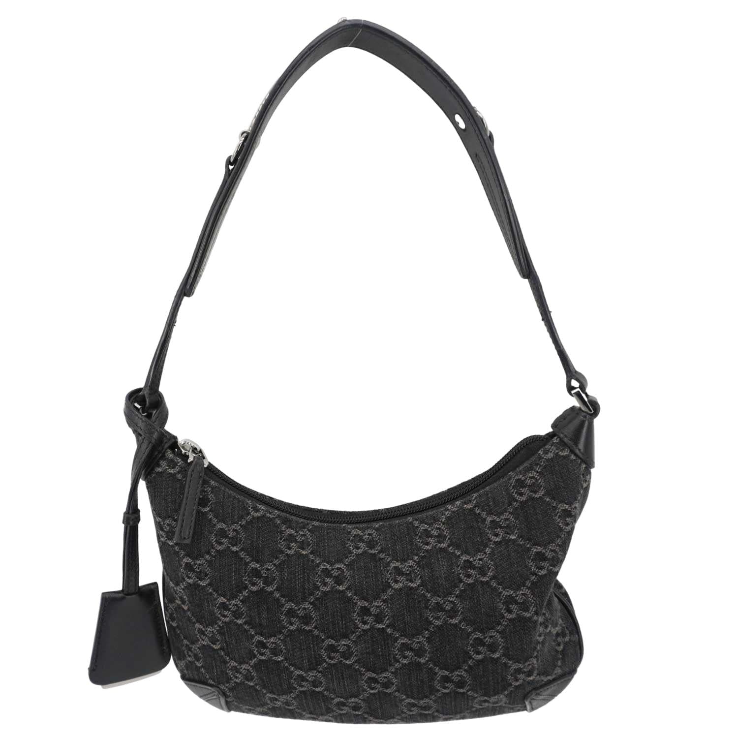 GUCCI Horsebit Slim Small Gucci Monogram Denim Hobo Shoulder Bag Black 774719