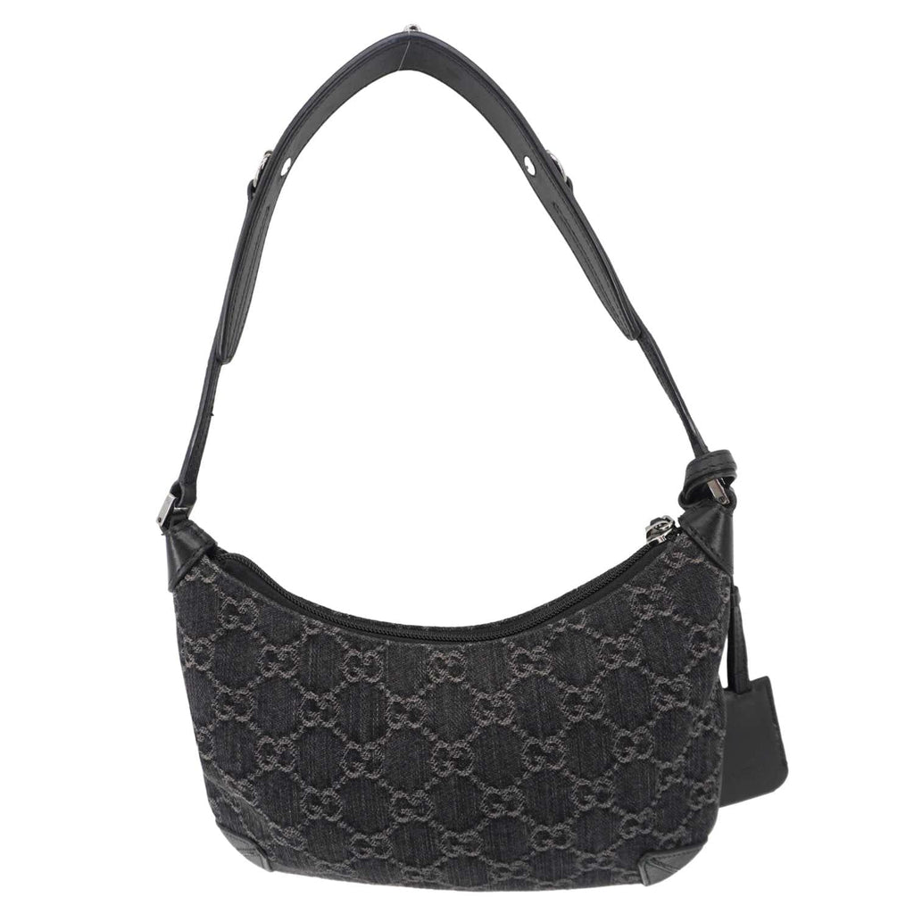 GUCCI Horsebit Slim Small Gucci Monogram Denim Hobo Shoulder Bag Black 774719
