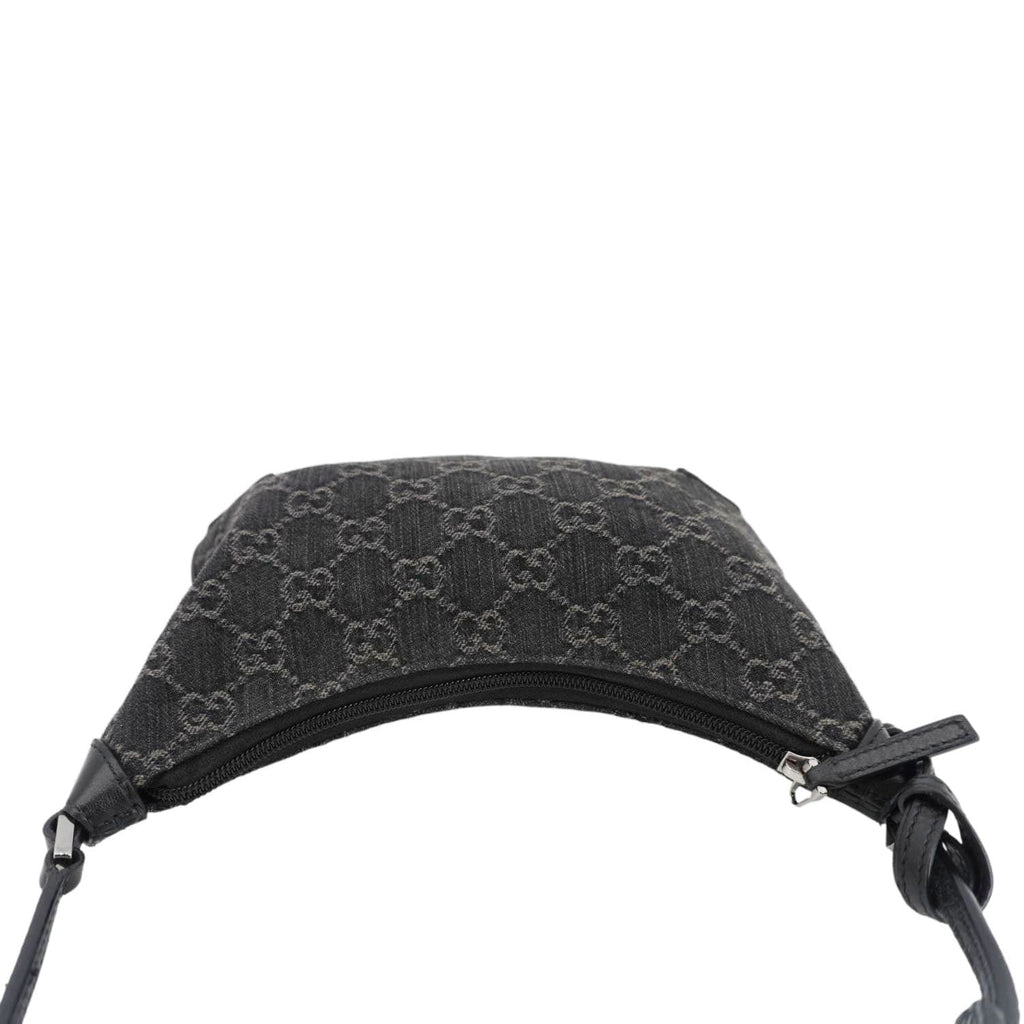 GUCCI Horsebit Slim Small Gucci Monogram Denim Hobo Shoulder Bag Black 774719