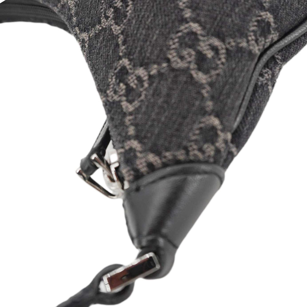 GUCCI Horsebit Slim Small Gucci Monogram Denim Hobo Shoulder Bag Black 774719
