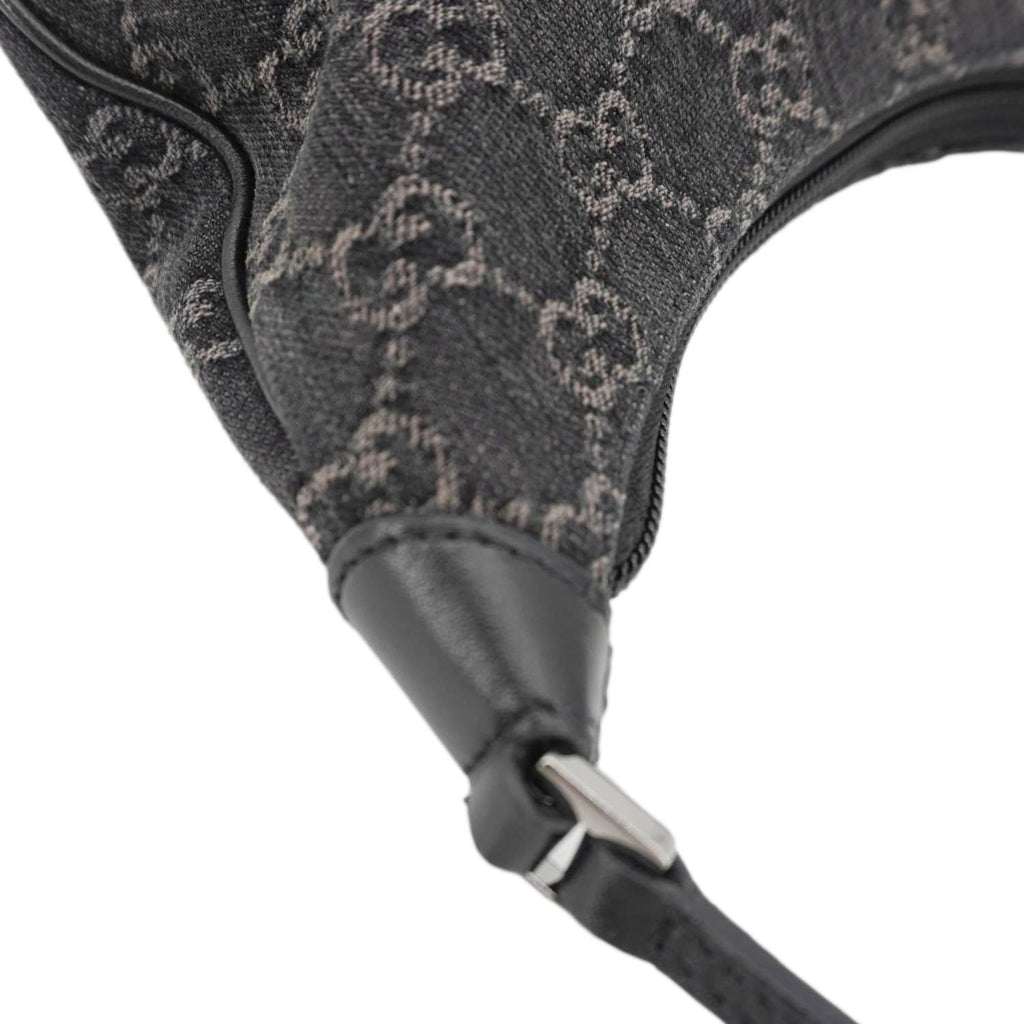 GUCCI Horsebit Slim Small Gucci Monogram Denim Hobo Shoulder Bag Black 774719
