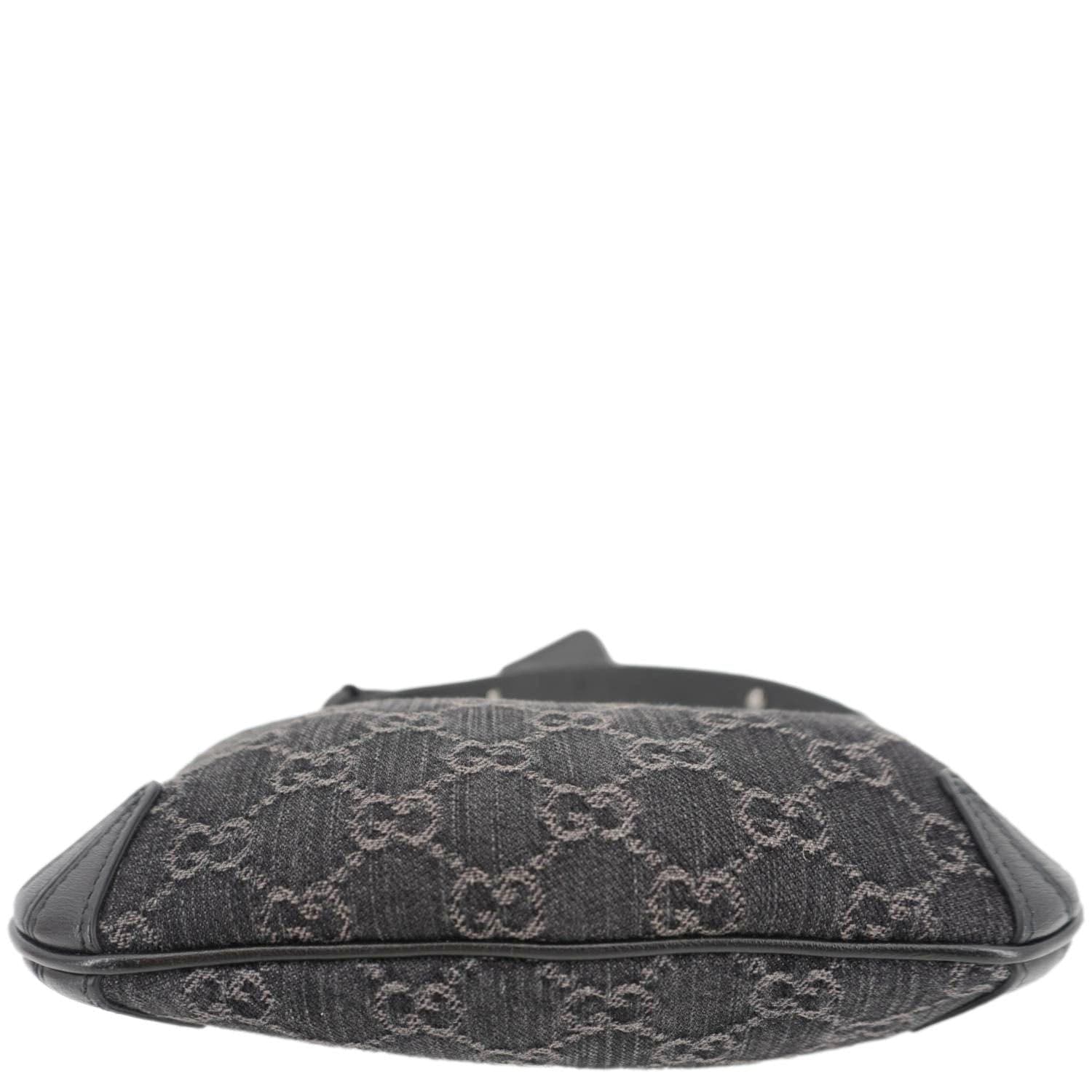 GUCCI Horsebit Slim Small Gucci Monogram Denim Hobo Shoulder Bag Black 774719