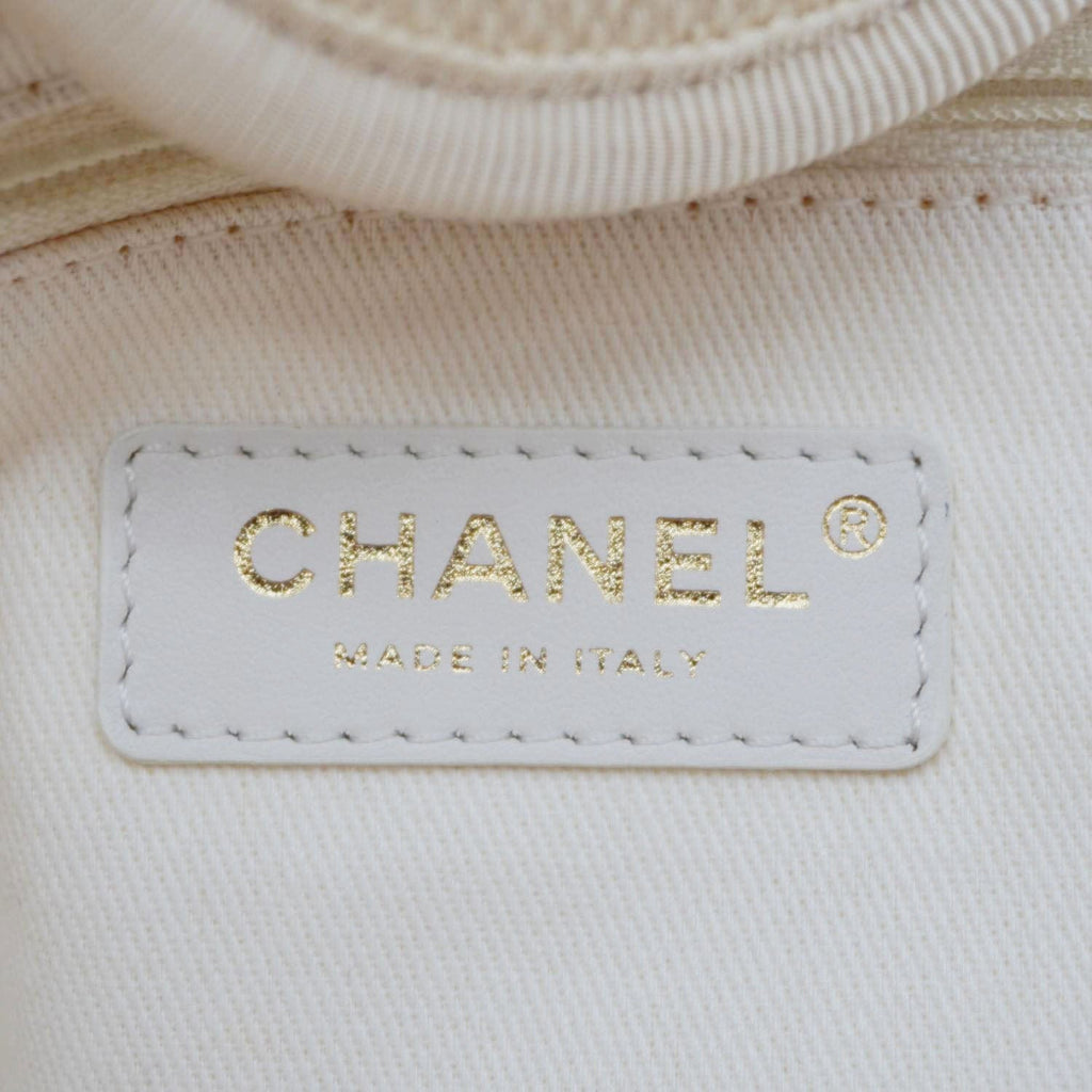 Chanel Deauville Medium Pearl Embellished Canvas Tote Bag Cream