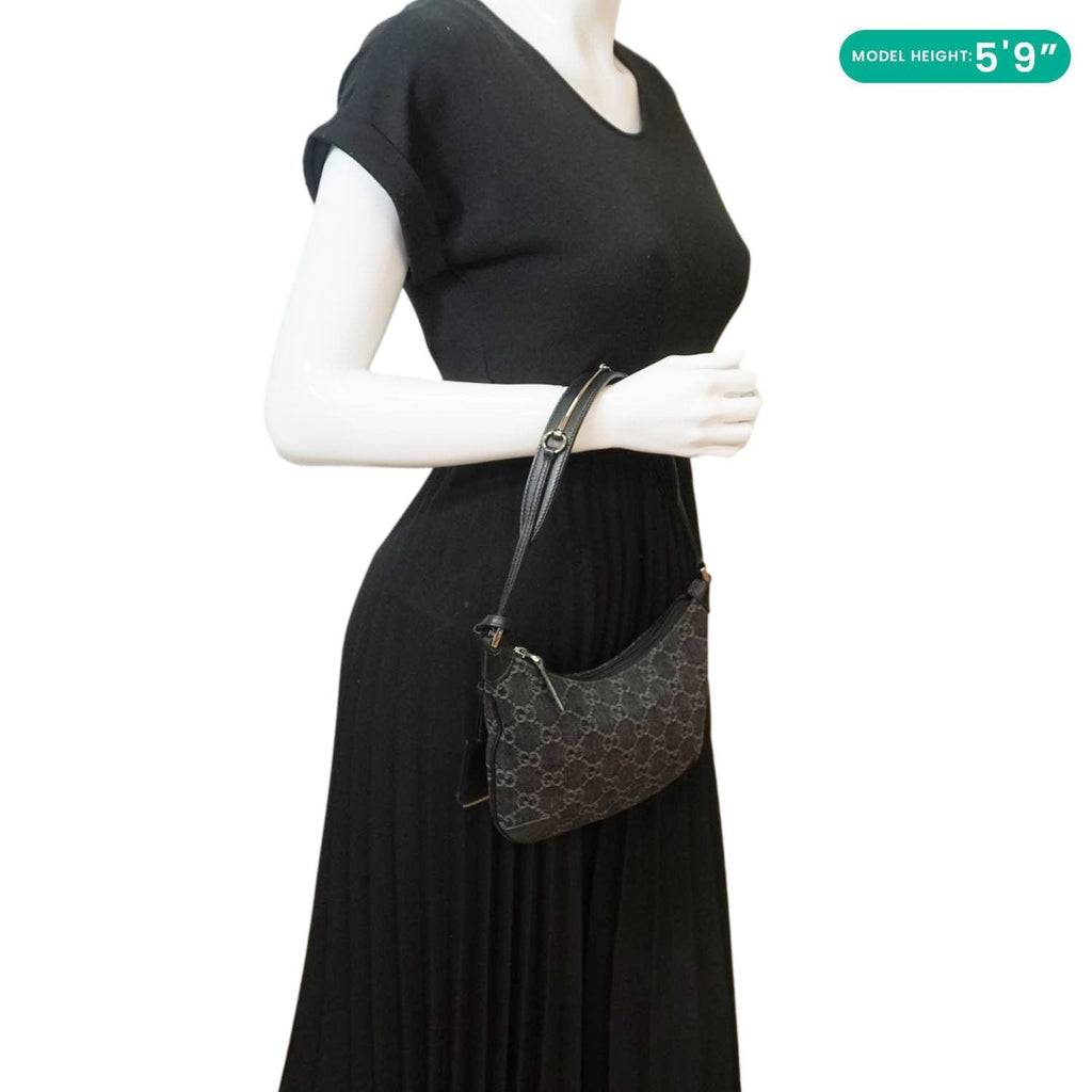 GUCCI Horsebit Slim Small Gucci Monogram Denim Hobo Shoulder Bag Black 774719