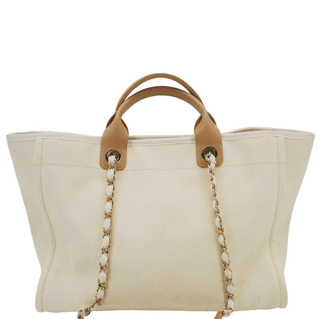 Chanel Deauville Medium Pearl Embellished Canvas Tote Bag Cream
