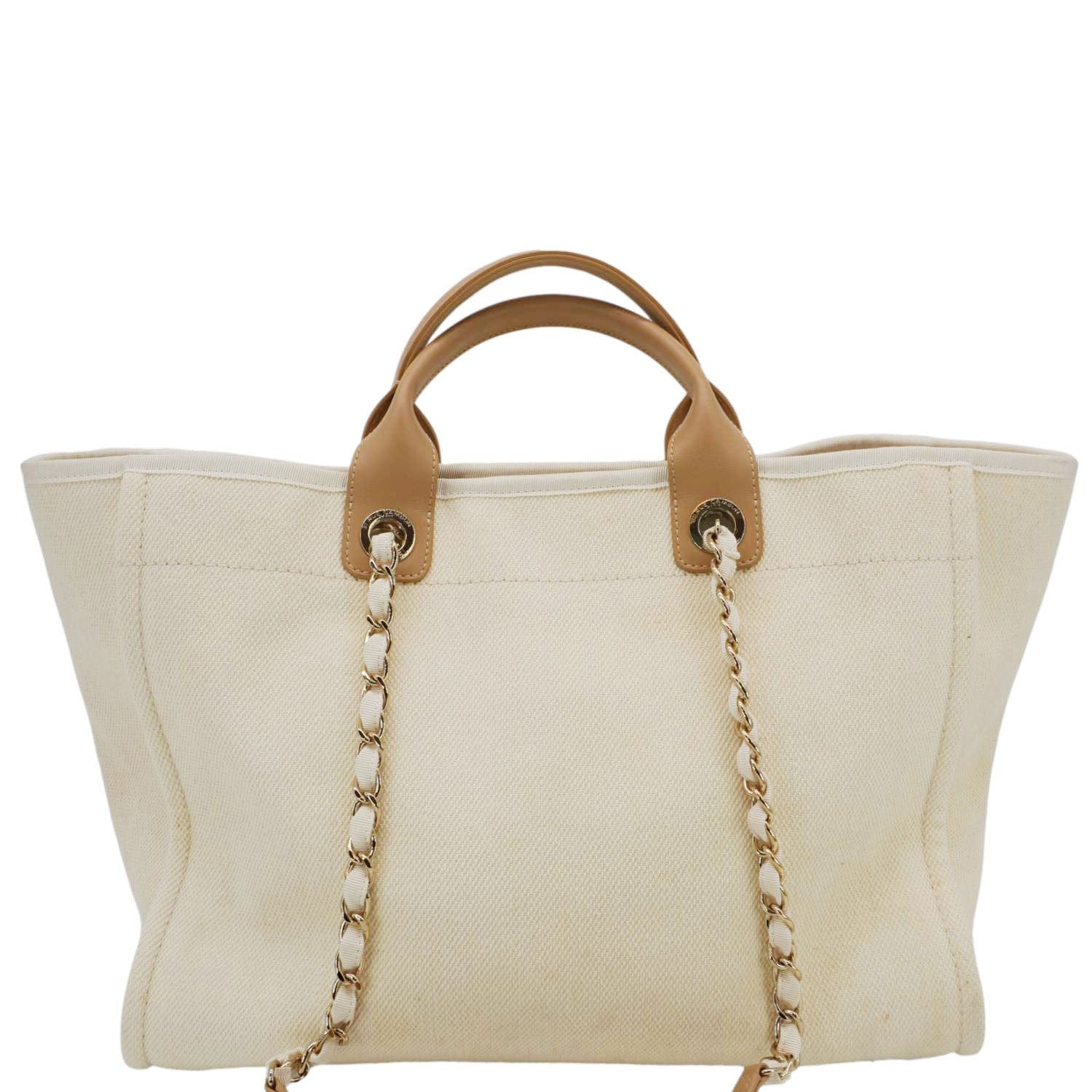 Chanel Deauville Medium Pearl Embellished Canvas Tote Bag Cream