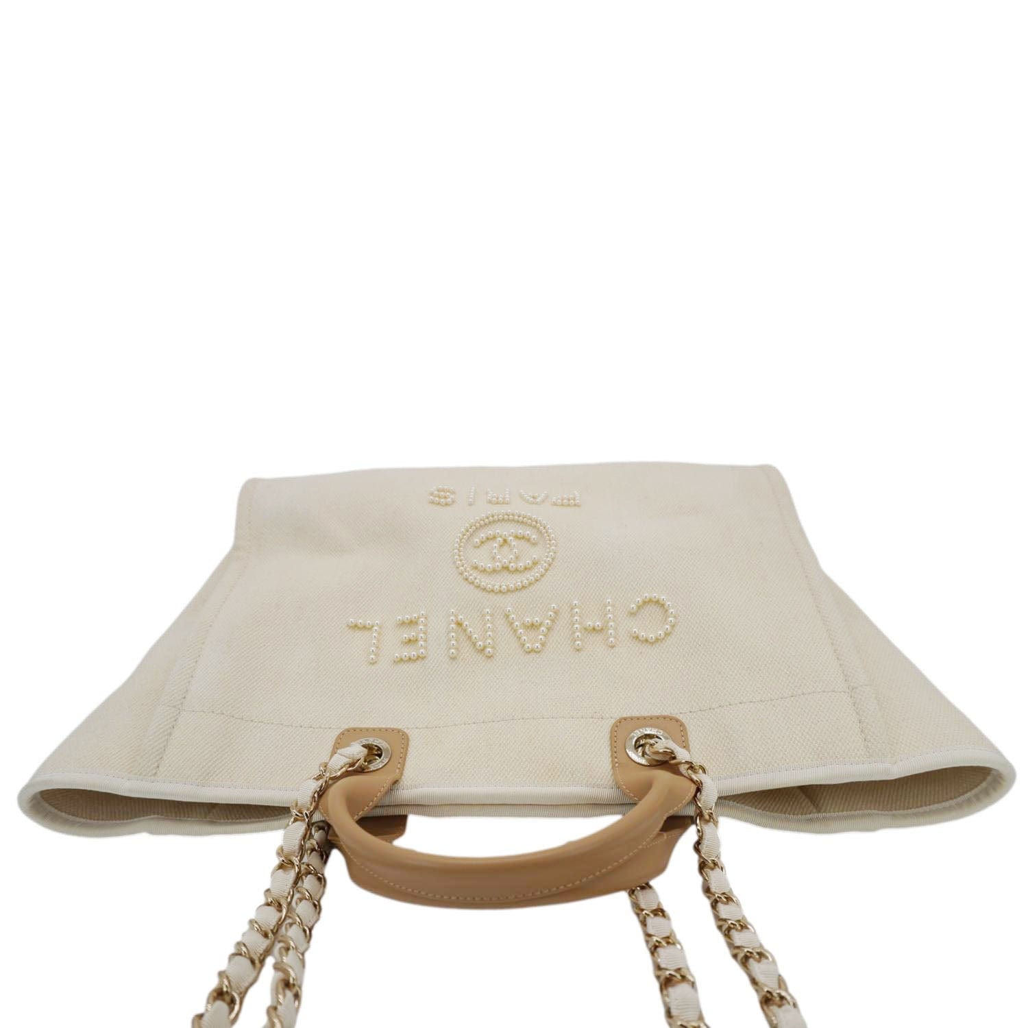 Chanel Deauville Medium Pearl Embellished Canvas Tote Bag Cream