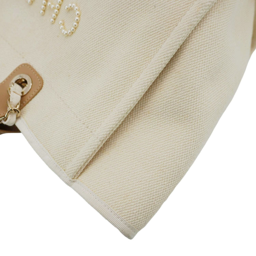 Chanel Deauville Medium Pearl Embellished Canvas Tote Bag Cream
