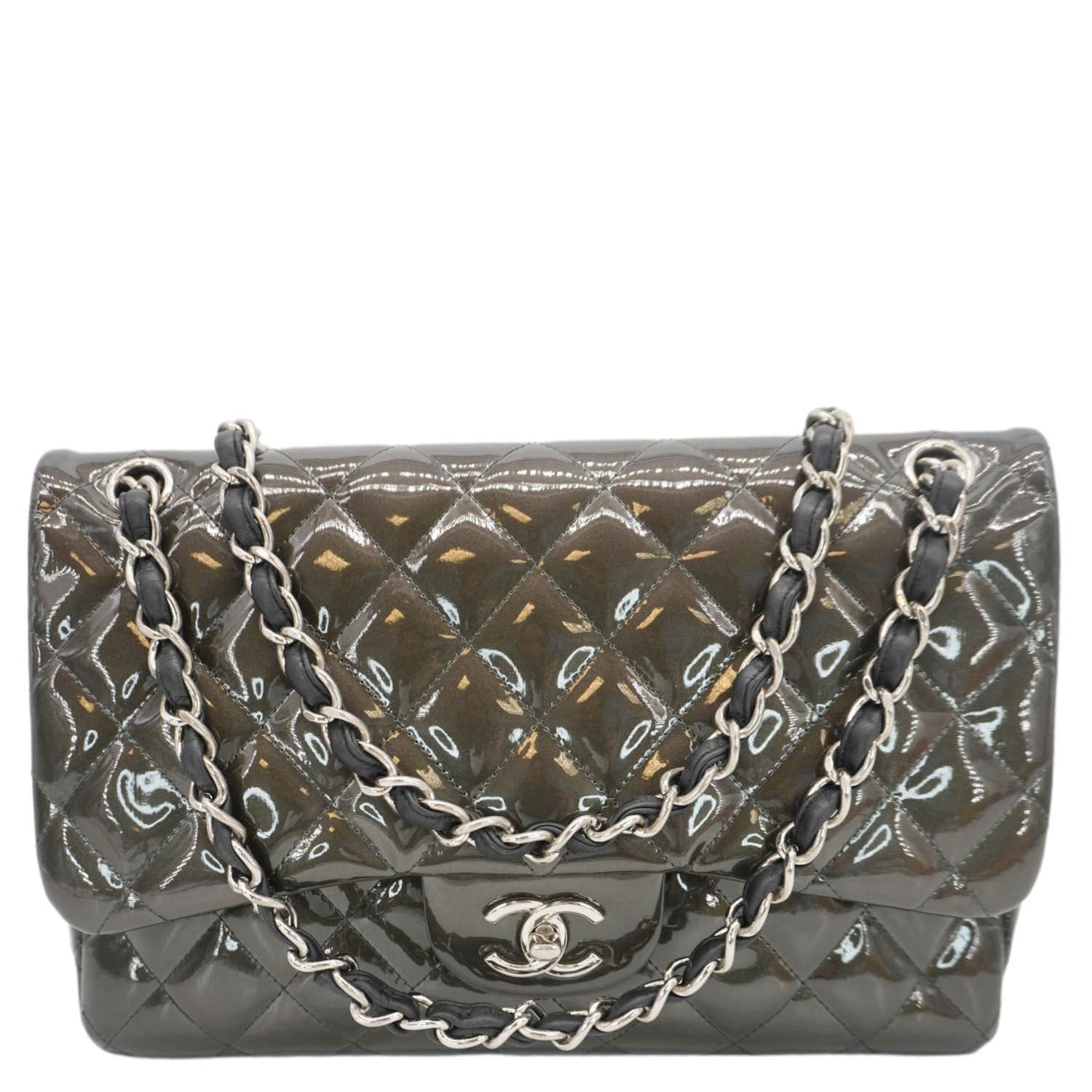 Chanel Classic Double Flap Quilted Patent Leather Shoulder Bag Dark Green