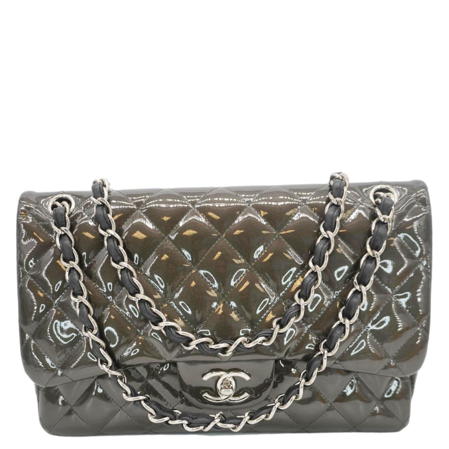 Chanel Classic Double Flap Quilted Patent Leather Shoulder Bag Dark Green