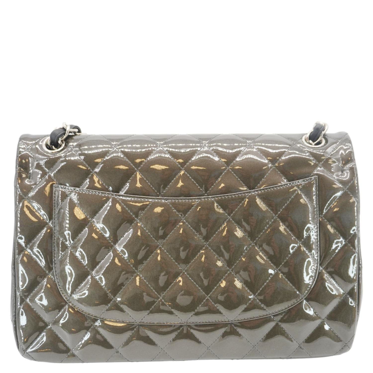 Chanel Classic Double Flap Quilted Patent Leather Shoulder Bag Dark Green
