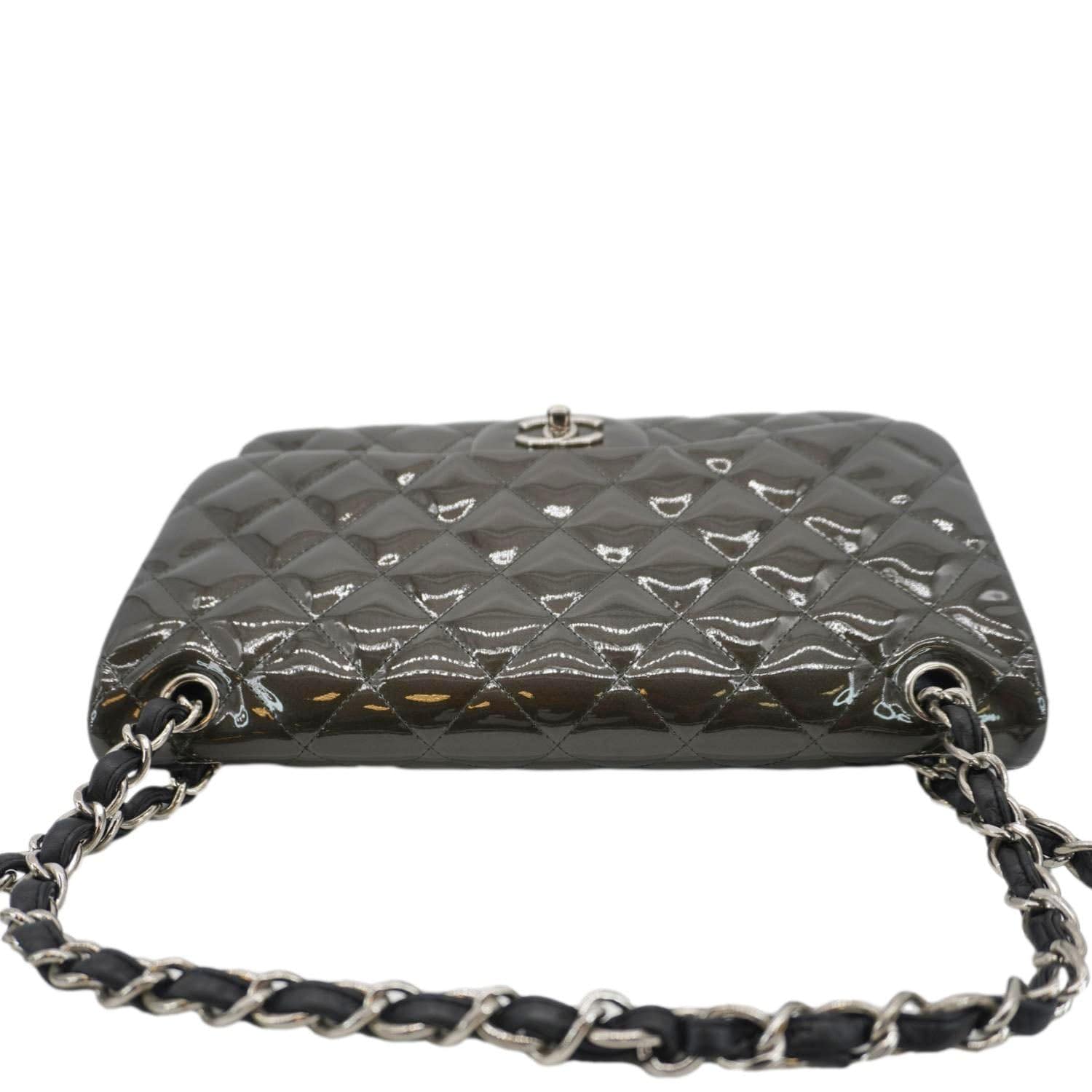 Chanel Classic Double Flap Quilted Patent Leather Shoulder Bag Dark Green
